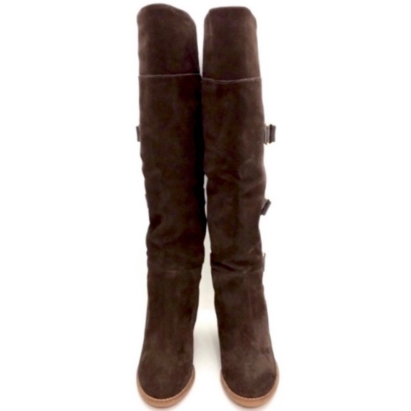 COLE Haan Michelle Belted Suede Fur Cuffs Knee High Wedge Boot Brown Size 5 - Picture 2 of 9